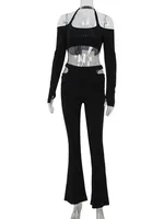 Ahagaga Fashion Sexy Sheath Women's Suits Sets Solid Hollow Out Slim Fit Tracksuits Long Sleeves Slash Neck 2Pcs(Tops+Pants) - Image 6
