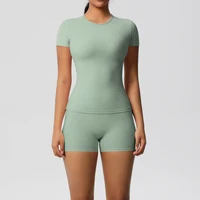 Workout Sportswear 2Pcs Piece Female Yoga Shirt Push Up Workout Clothes Women Outdoors Sport  High Waist  Fitness Sport Shorts - Image 2