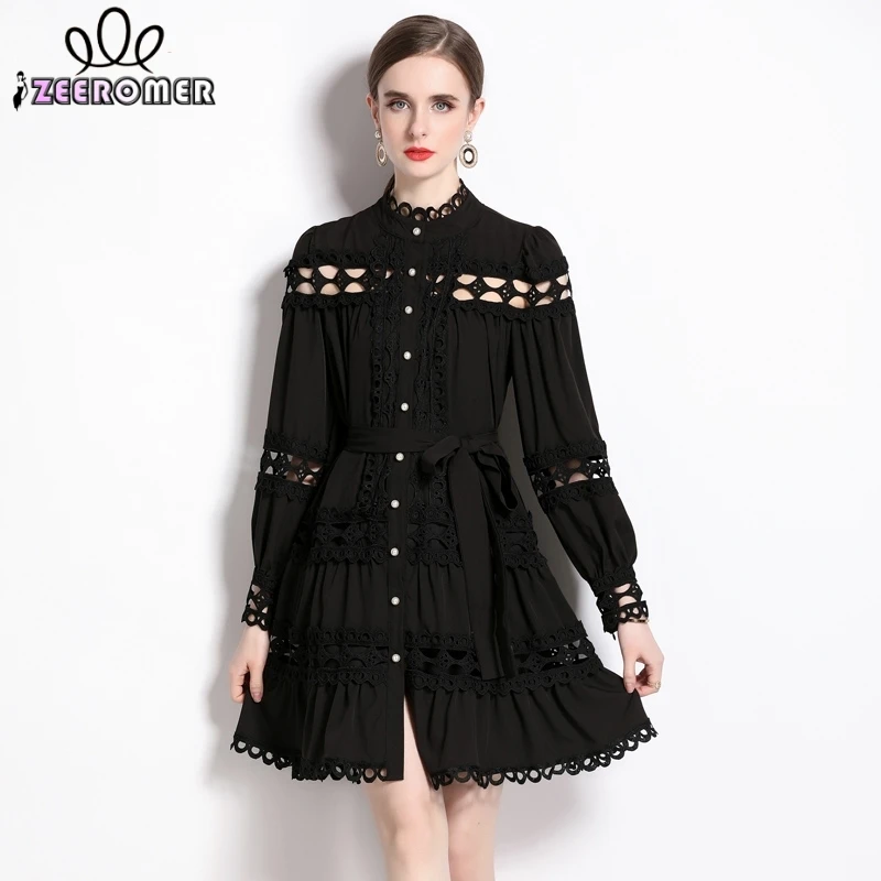 

ZEEROMER 2023 Spring Summer Runway Lace Trims Patchwork Hollow Out Dress Women Stand Collar Lantern Sleeve Lace Up Party Dress
