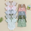 2023-11-18 Lioraitiin Newborn Baby Boy Girl Summer Clothes Striped Short Sleeve Ribbed Romper Tops Elastic Shorts Set Outfits 1