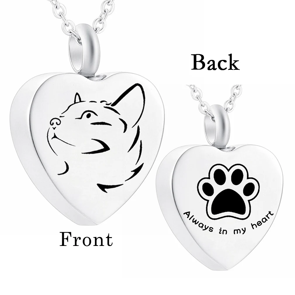 Stainless Steel Cat Memorial Heart Pendant , Pet Paw Print Urn Necklace For Ashes Cremation Jewelry Suit of Gift Velvet Bag