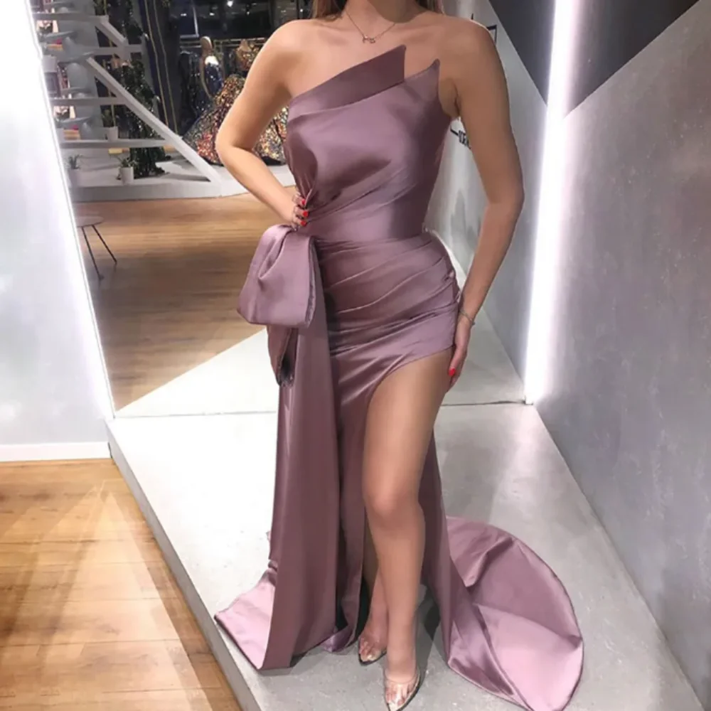 

Mermaid Short Long Women Prom Dresses Sleeveless Pleats Satin Formal Party Evening Gowns with Train Side Split Vestido De Fiesta