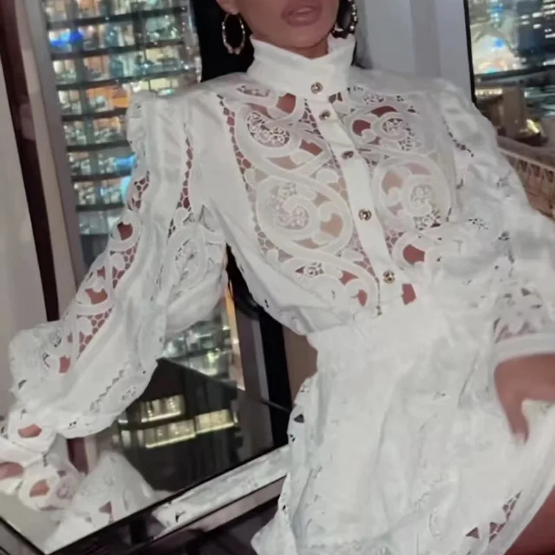 

Embroidery White Skirt Set Women Hollow Out Lace Dress Sets Elegant Party Loose Two Piece Set Shirt Wedding Girdle Beach