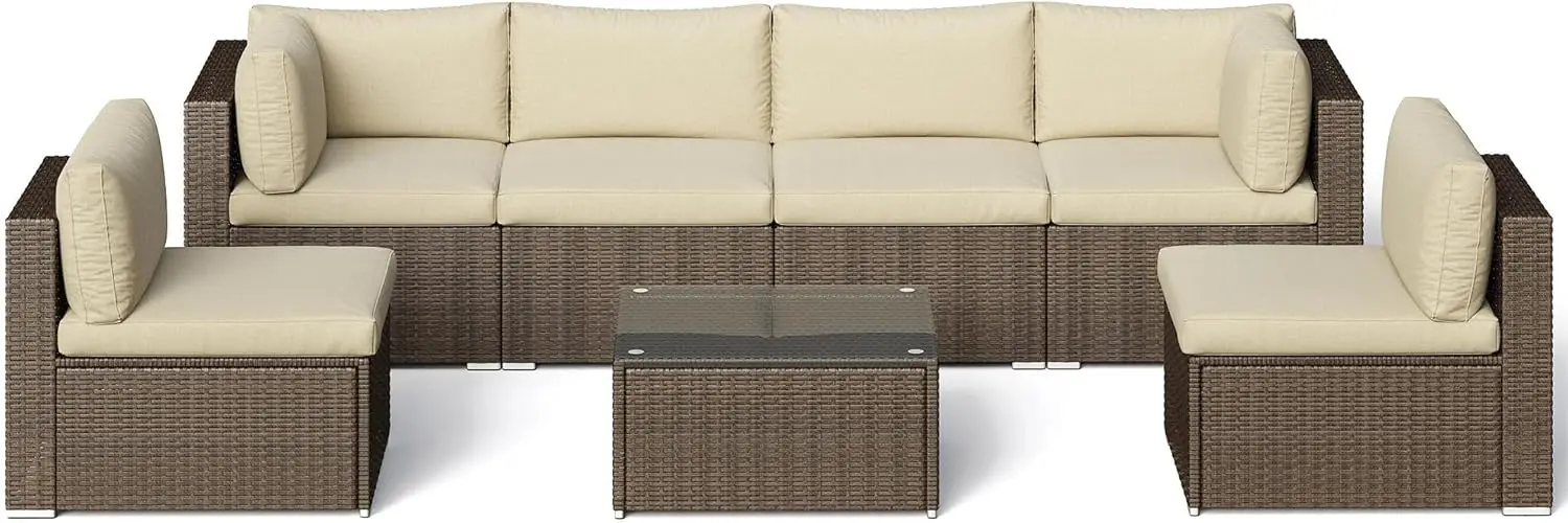

SUNVIVI OUTDOOR 7 Piece Patio Furniture Sets All Weather Gery PE Wicker Couch Sofa with Glass Table