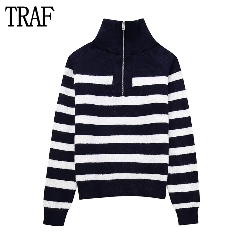 

TRAF Striped Knitted Sweaters for Women Turtleneck Pullovers Long Sleeve Zip Sweater Woman 2024 Autumn Winter Warm Knitwears