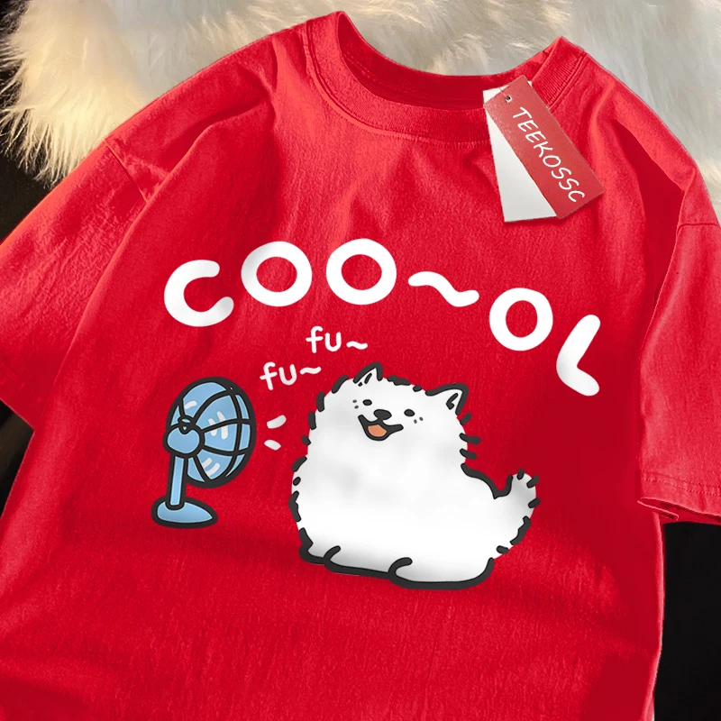 Samoyeo Blowing Fans Japanese Style Clothes Men Women Cotton Breathable Tee Clothes Oversized Casual Loose T-Shirts Short Sleeve