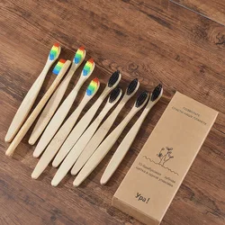 Set of 10 Eco-Friendly Colorful Bamboo Toothbrushes with Soft Charcoal Bristles (5 rainbow 5 black)