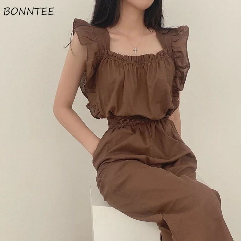 

Jumpsuits Women New Female Ruffles Stylish Design Vacation Solid Elegant Breathable Tender Aesthetic Vintage Streetwear Straight