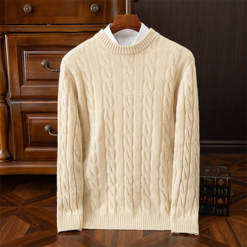 Autumn and winter new wool sweater men's round collar pure color pullover jacquard thick sweater loose cashmere sweater 2