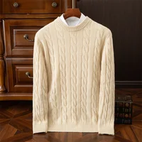Autumn and winter new wool sweater men's round collar pure color pullover jacquard thick sweater loose cashmere sweater 2
