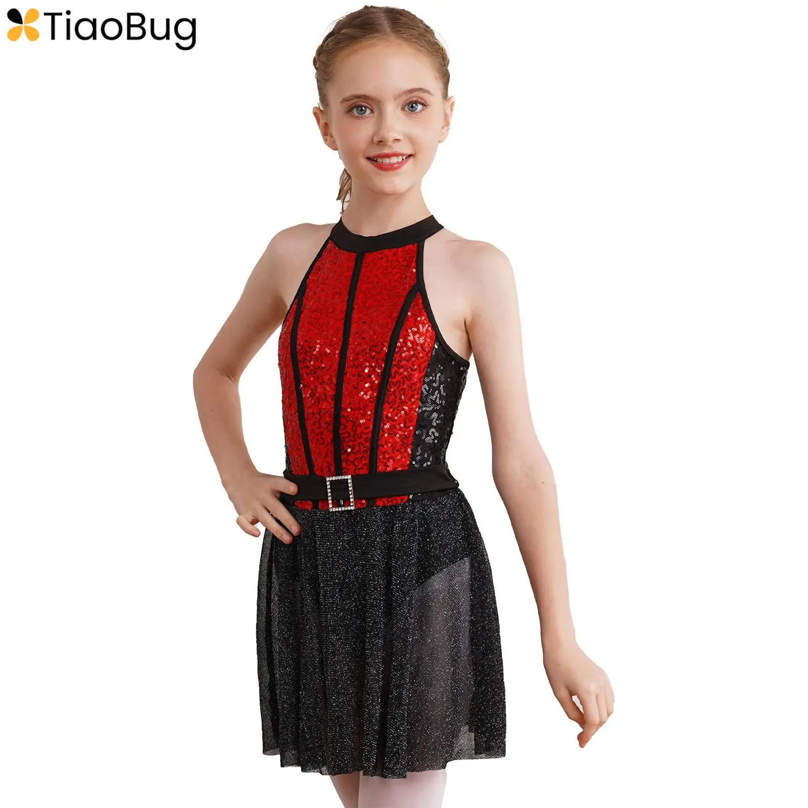 

Kids Girls Ballet Lyrical Contemporary Dance Dress Halter Sparkly Sequin Sleeveless Latin Jazz Ballroom Costume Dancewear