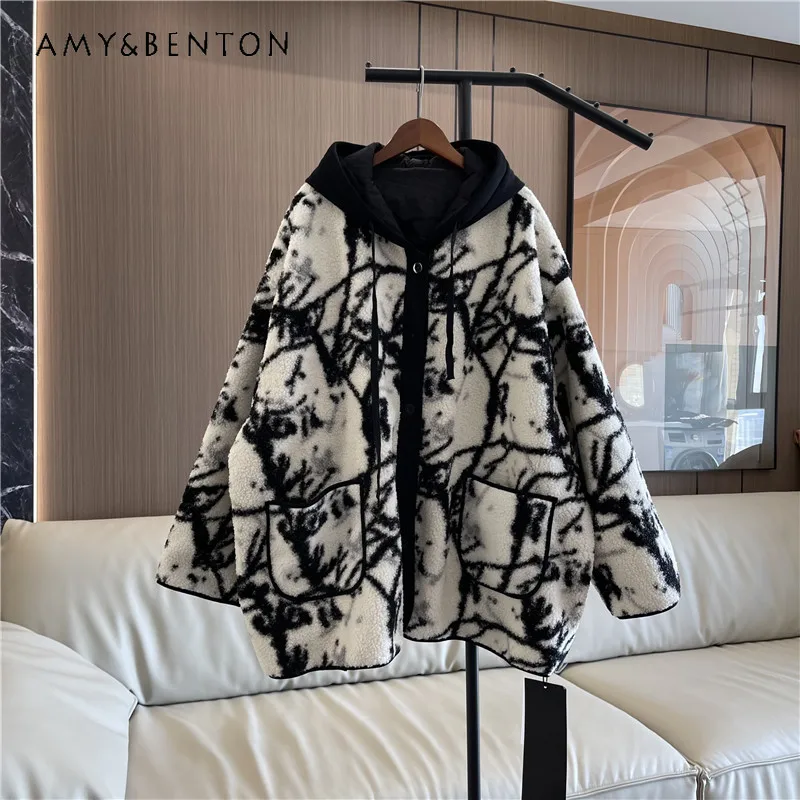 Loose Oversize Hooded Fur Integrated Imitation Lamb Wool Thick Quilted Coat Jackets Female 2023 Autumn Winter New Women's Parkas