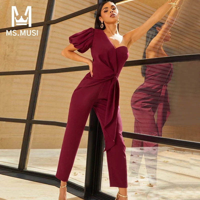 

MSMUSI 2022 New Fashion Women Sexy One Shoulder Short Sleeve Draped Fold Party Club Bodycon Satin Ankle Pencil Pants Jumpsuit