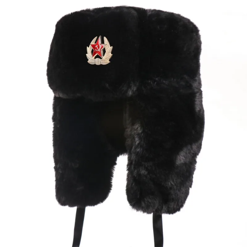 Russian Bomber Cap Outdoor Warm Earmuffs Men and Women Universal Winter Ski Caps Military Badge Thickened Hats