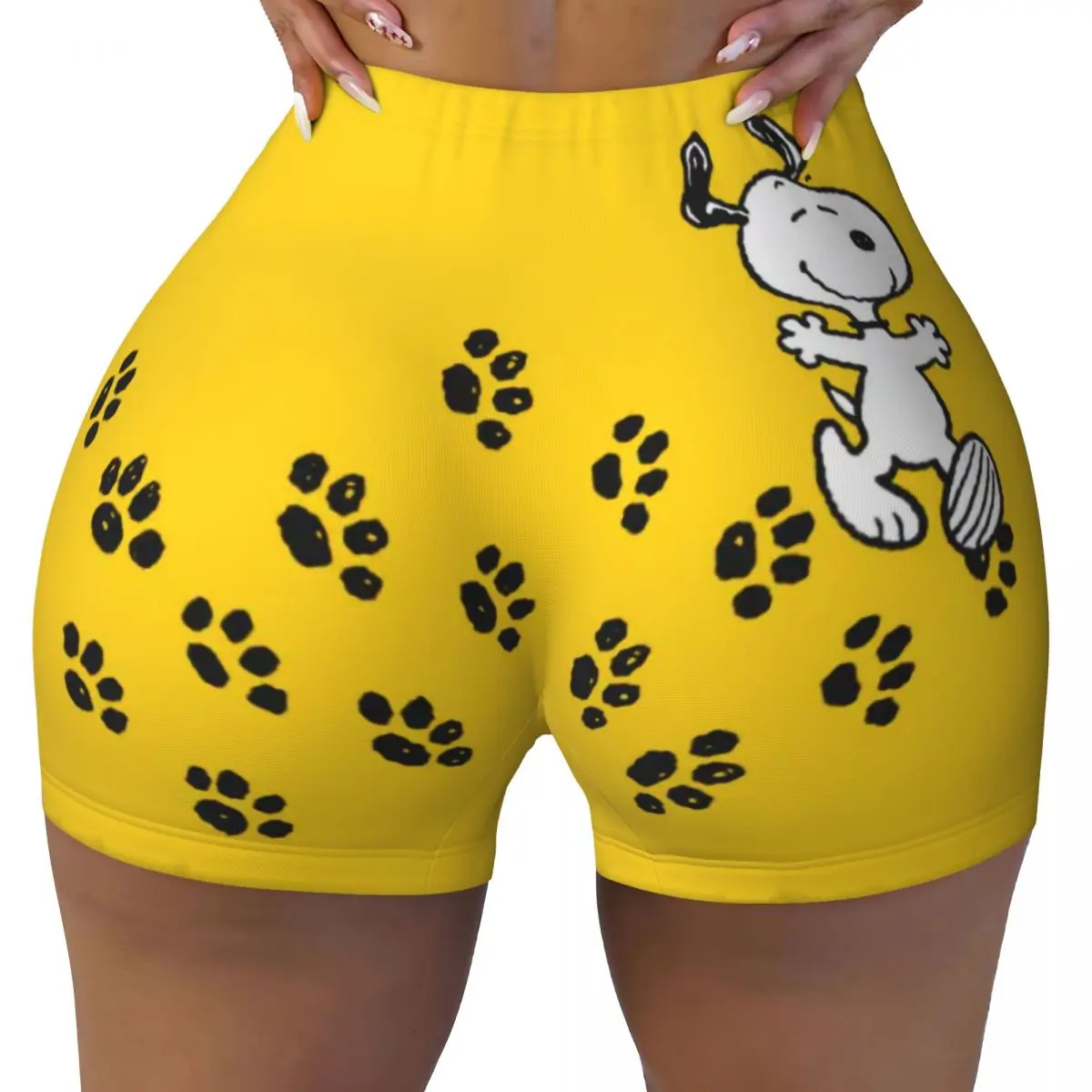 Snoopy Paw Print Path Biker Running Workout Shorts Women's Cartoon Comic Dog Athletic Gym Yoga Shorts