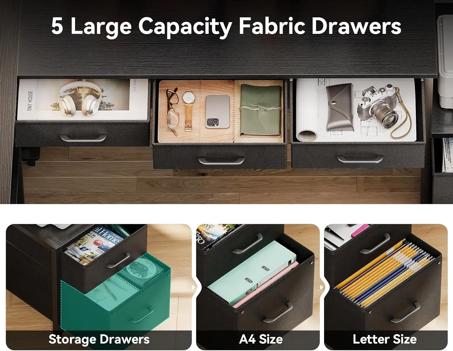 L Shaped Desk with File Drawers, Reversible L Shaped Gaming Desk with Power Outlets & LED Lights