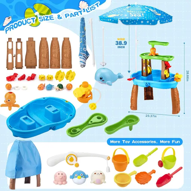 2026 Toddler Water Table with Umbrella & Fishing Game, Outdoor Toy with Auto Electric Pump, Sensory Playset for 3-8 Year Old Boys Girls