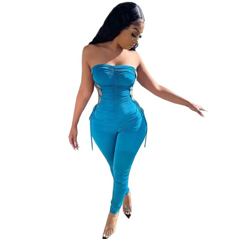 

2023 sexy ruched shiny sleeveless lace up off shoulder jumpsuit women