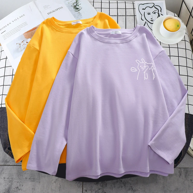 DAYIFUN-Women's Long Sleeve Loose Cotton T-shirts Plus Size Korean Cartoon Printed Tees O Neck Tops Spring Autumn Ins Tshirts