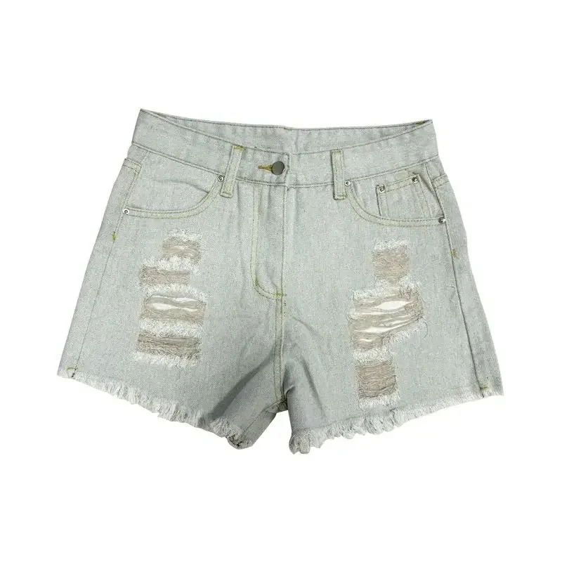 Women Light Blue Vintage Denim Shorts 2024 Fashion Broken Holes Streetwear Summer Casual Tassel Trouser Legs Three Quarter Pants