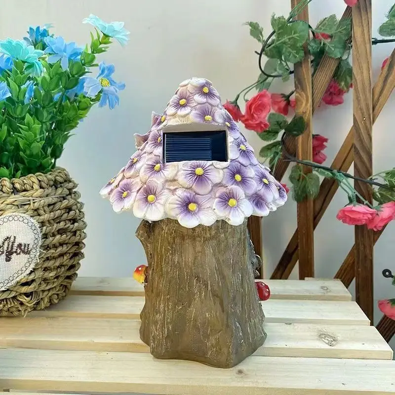 요정 정원 집 태양광 LED 야외 조각상, 귀여운 버섯 인형, 마당 송진 오두막 잔디 장식