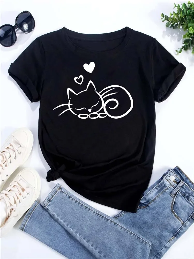 New Cute Love Heart Cat Print Women T-Shirt Casual Short Sleeve Top Summer Women’s Clothing Cartoon Streetwear Y2k Clothes Best Sellers In Women's Clothing