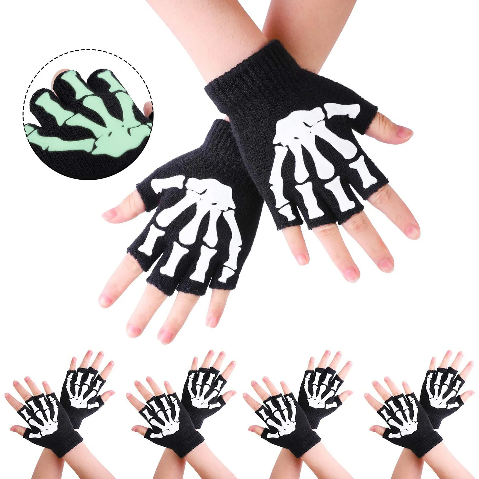1/2/5 Pairs Halloween Skeleton Skull Luminous Gloves For Kids Punk Style Half Finger Gloves Dark In Warm Mittens перчатки
