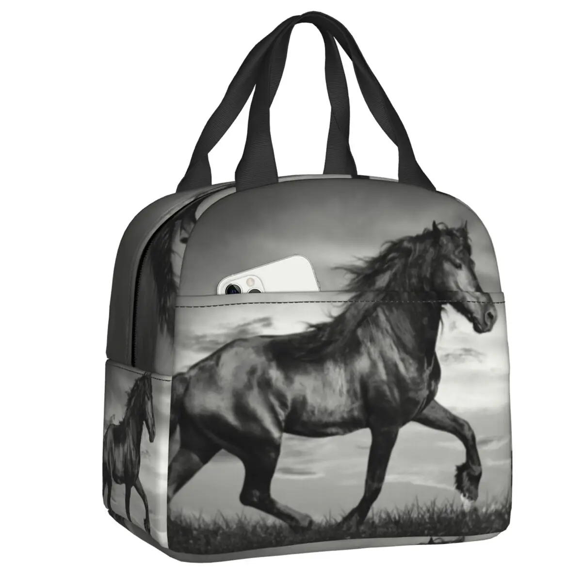 

Black Friesian Stallion Prancing Insulated Lunch Bag Resuable Warm Cooler Thermal Horse Lunch Tote Box for Women Kids School