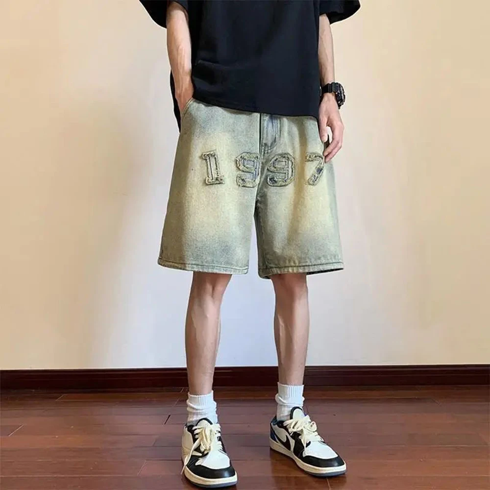 Men's Washed Old Denim Shorts Summer Loose Wide-leg Embroidery Straight Five-point Pants American High Street Hiphop Pants
