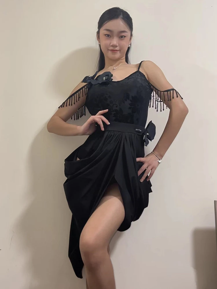 

New Latin Dance Dress Black Suit Women Performance Clothes Cha Cha Rumba Dance Costume Adult Latin Practice Dance Wear DNV17959
