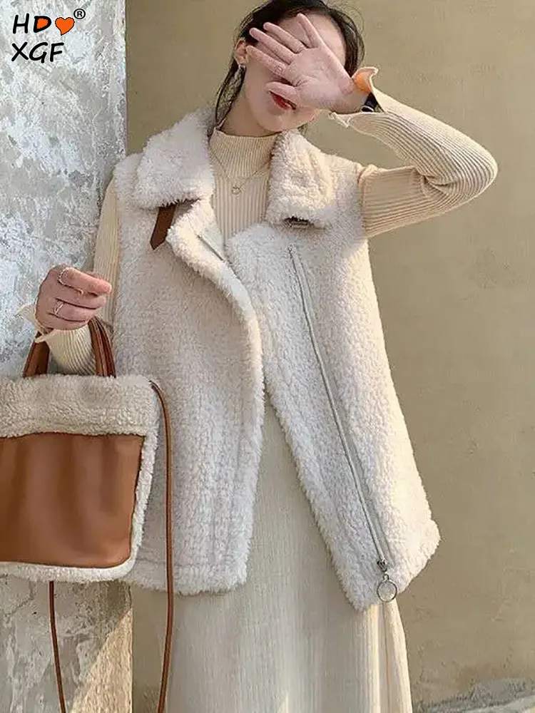 

Vintage Woole Wide Shoulder Sleeveless Warm Vests For Women Winter Lapel Zipper Loose Faux Fur Vest Simple Plus Velvet Waistcoat