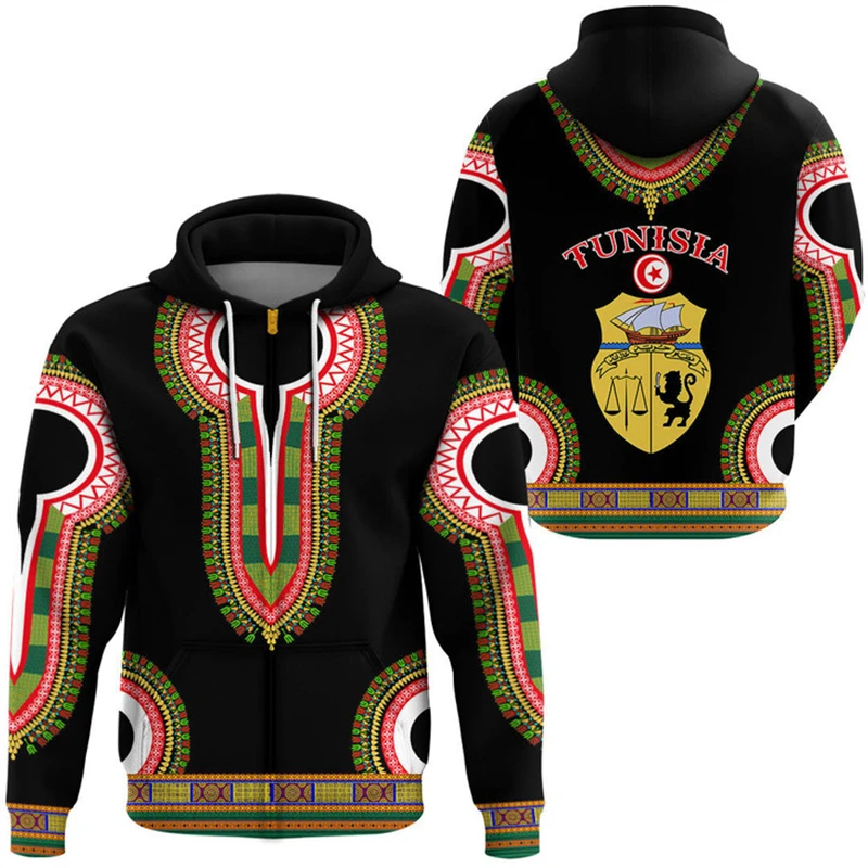 thumbnail image 1 of Sudadera con capucha y estampado de mapa de la bandera de Túnez 2024, nueva moda, sudaderas con capucha y cremallera con estampado 3D nacional tunecino, ropa para hombre, jerséis, 1 of 4