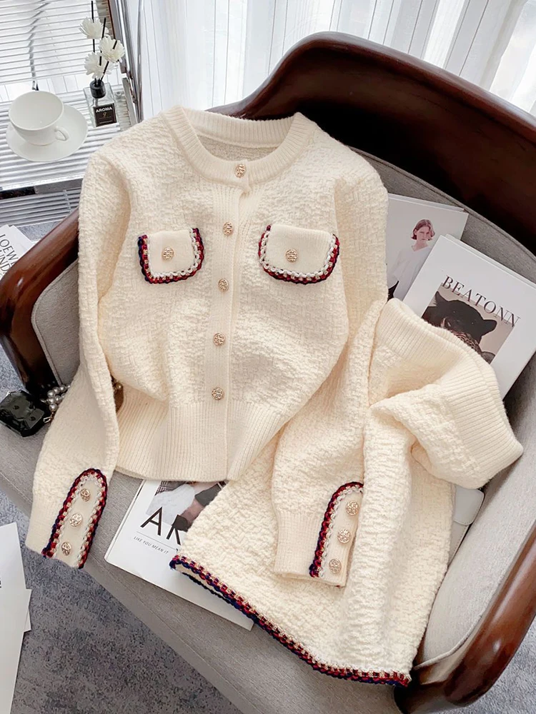 Women  Autumn Winter New Red Knitted 2 Piece Sets Office Lady Long Sleeve Knitted Cardigan Sweater High Waist Skirt Suit Women\'s