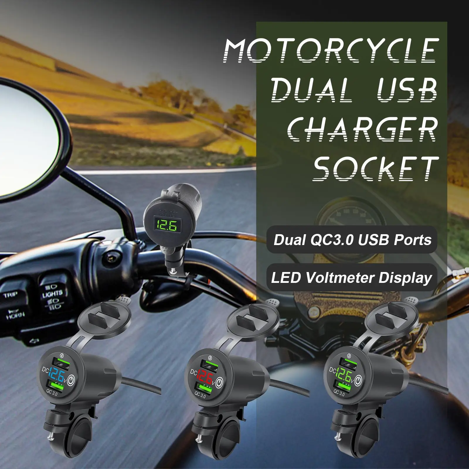 

Motorcycle Charger Waterproof Fast Power Adapter Dual QC 3.0 USB Charge Voltmeter With Switch For Mobile Motorcross C2P2