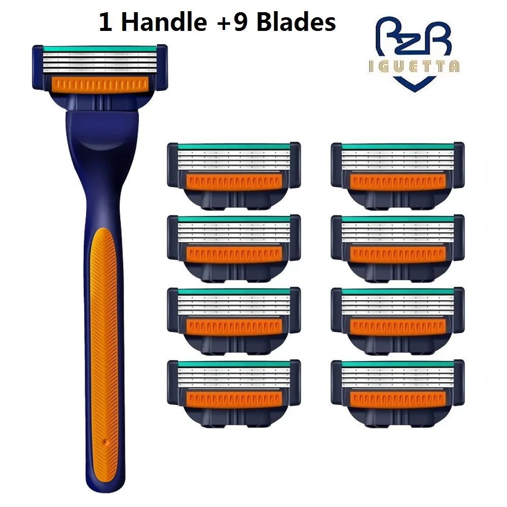 (1Handle+9 Blades) High Quality Men Razor Blade Sharp Stainless Steel Shaving Cartridges Changeable Shaver Head ddpggl 1handle 2blades safety beauty manual stainless steel blade shaving women 4 layers blades shaver razor replacement head