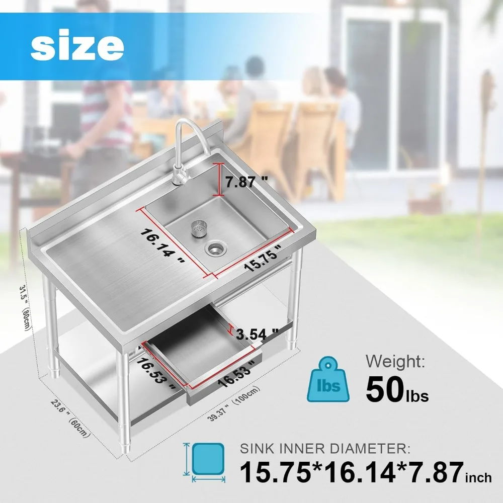 Stainless Steel Utility Sink Freestanding Single Bowl Laundry Sink with Hot and Cold Water Plumbing Workbench Drawers 4