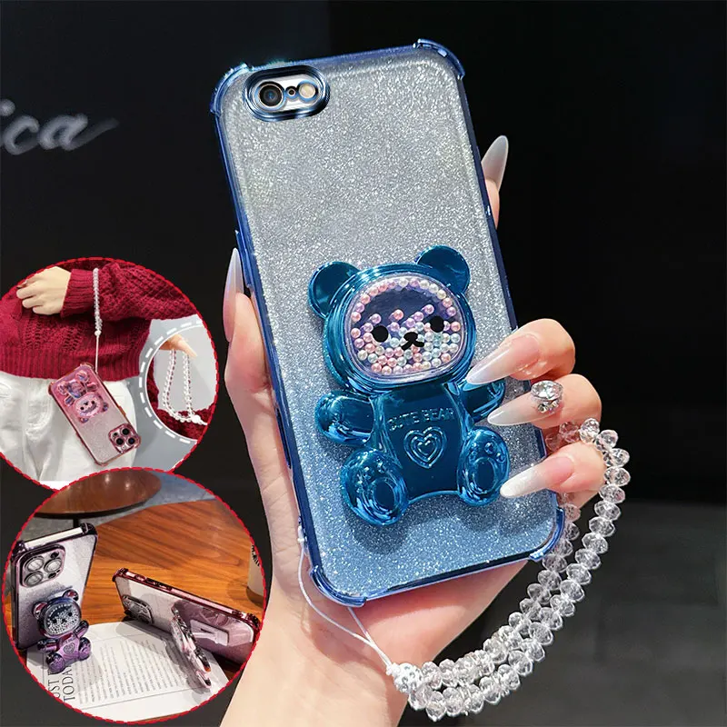 Shockproof Phone Case with 3D Bear Stand and Glitter Crystal Chain Lanyard
