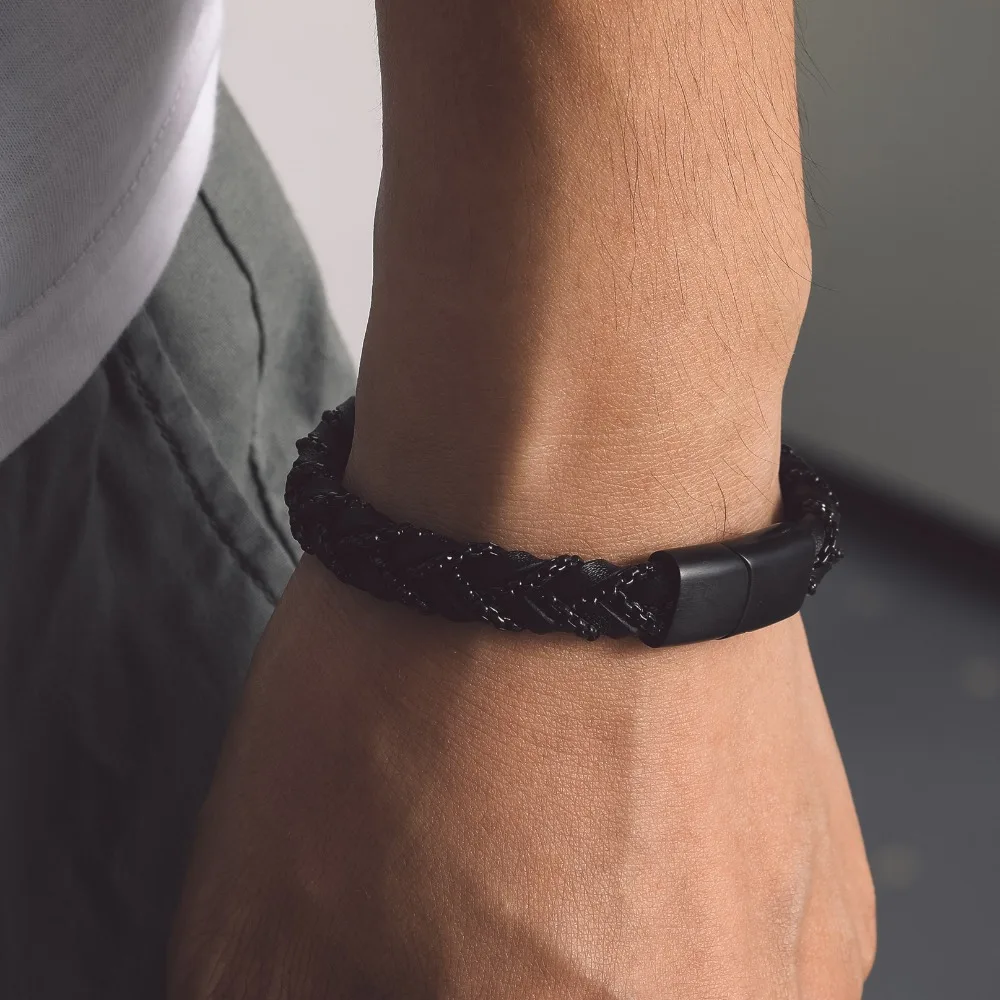 U7 Stainless Steel Chain Leather Braiding Bangle Bracelets for Man Woman 19/21cm Knitting Bracelet Couple Unisex Jewelry Gift