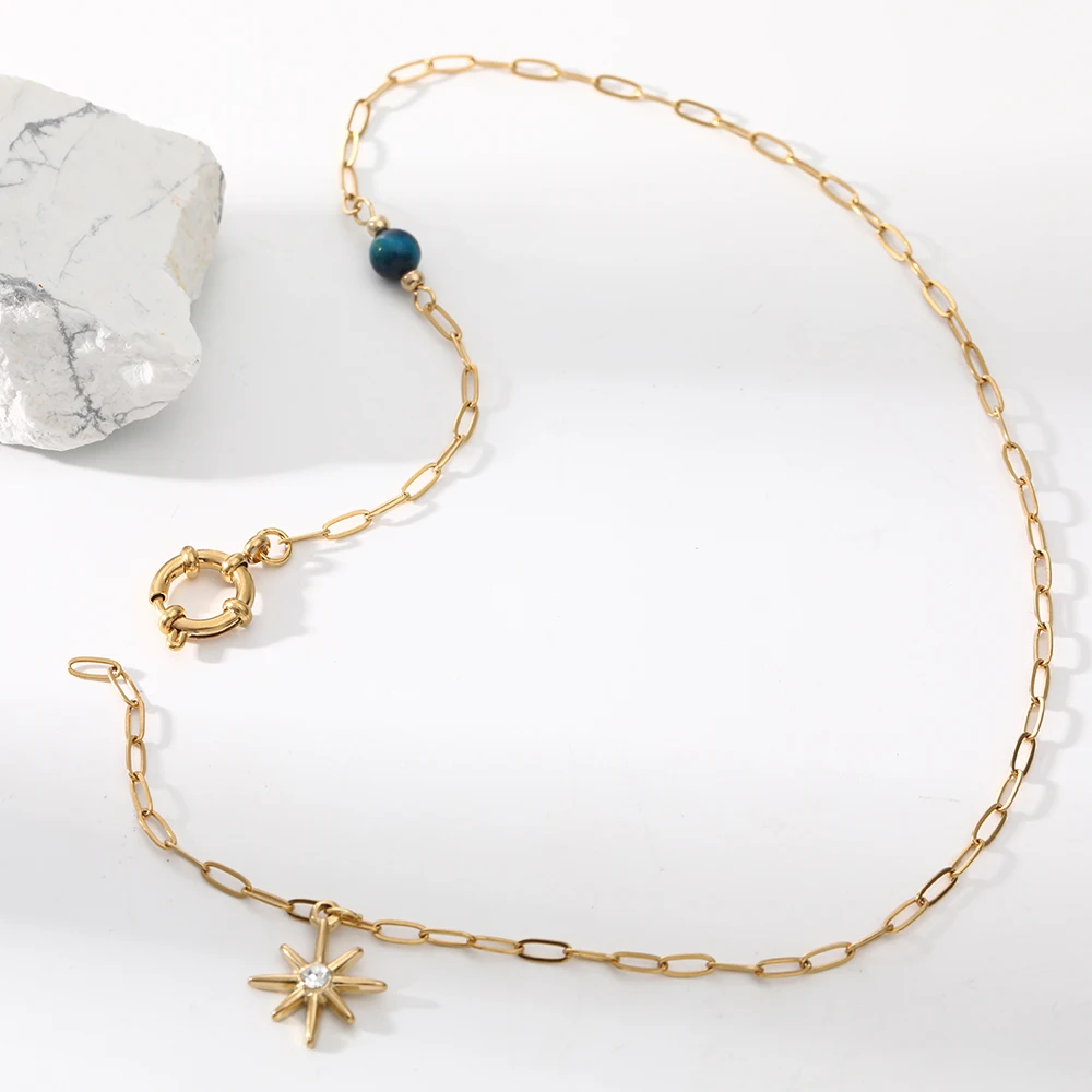 European American Starburst Pendant Necklace Stainless Steel Gold