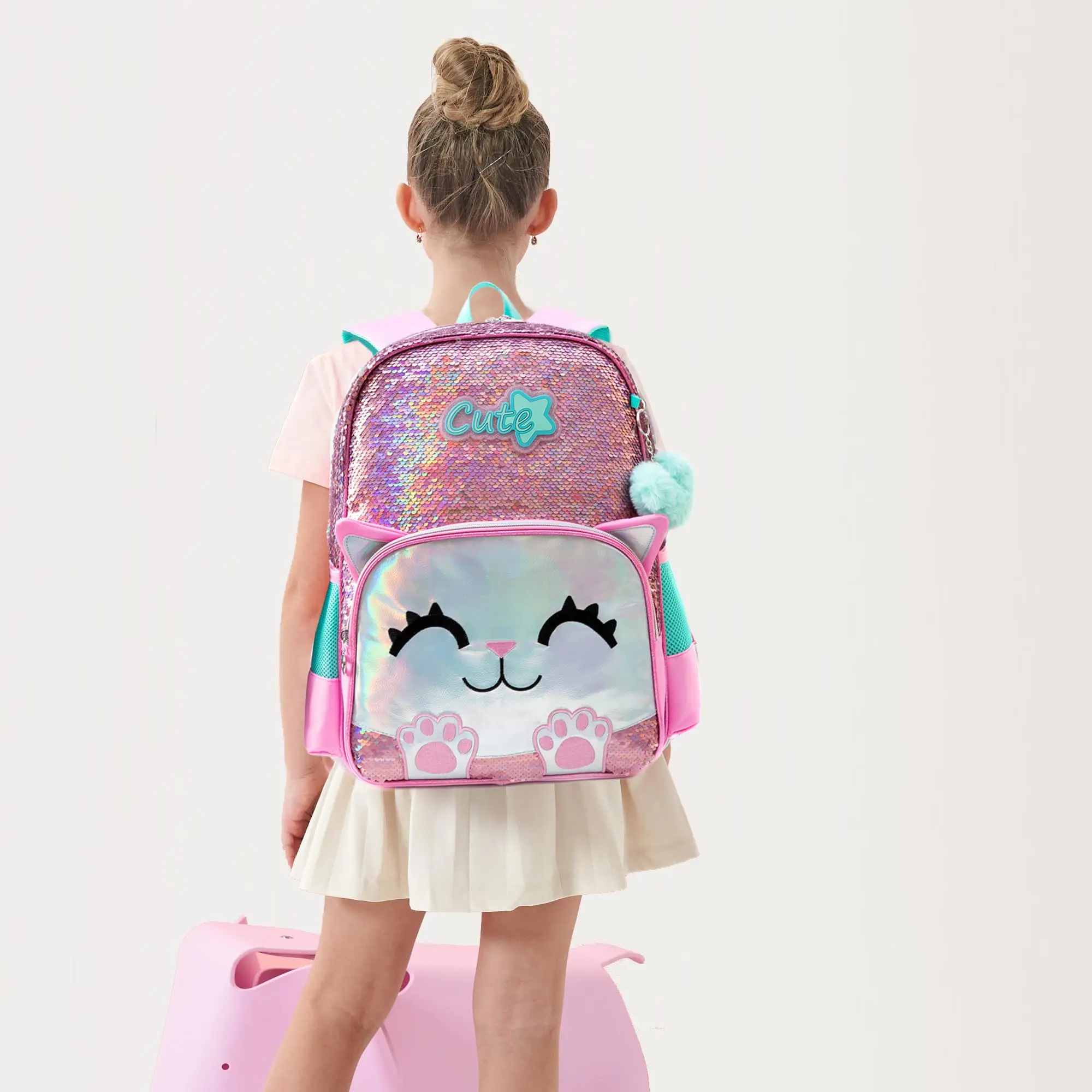 Hot Sale Sequin New Cartoon Animal Backpack 16'' Cat Printing Student Cartoon Cute Children's Schoolbag with Lunchbag and Penbag