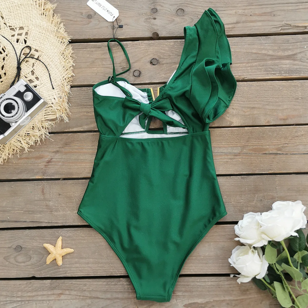 Cozy One-Piece Ruffle Shoulder Women Swimsuit Printed Swimwear High Waist Summer Strappy Bathing BodySuit Beach Wear Biquini