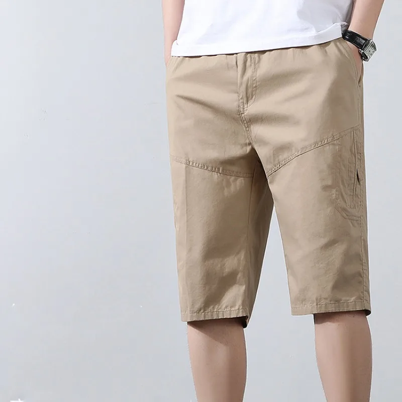 Simplicity Comfortable Summer Men's Solid Color Pockets Elastic Waist Cargo Pants Fashion Versatile Loose Calf Length Shorts