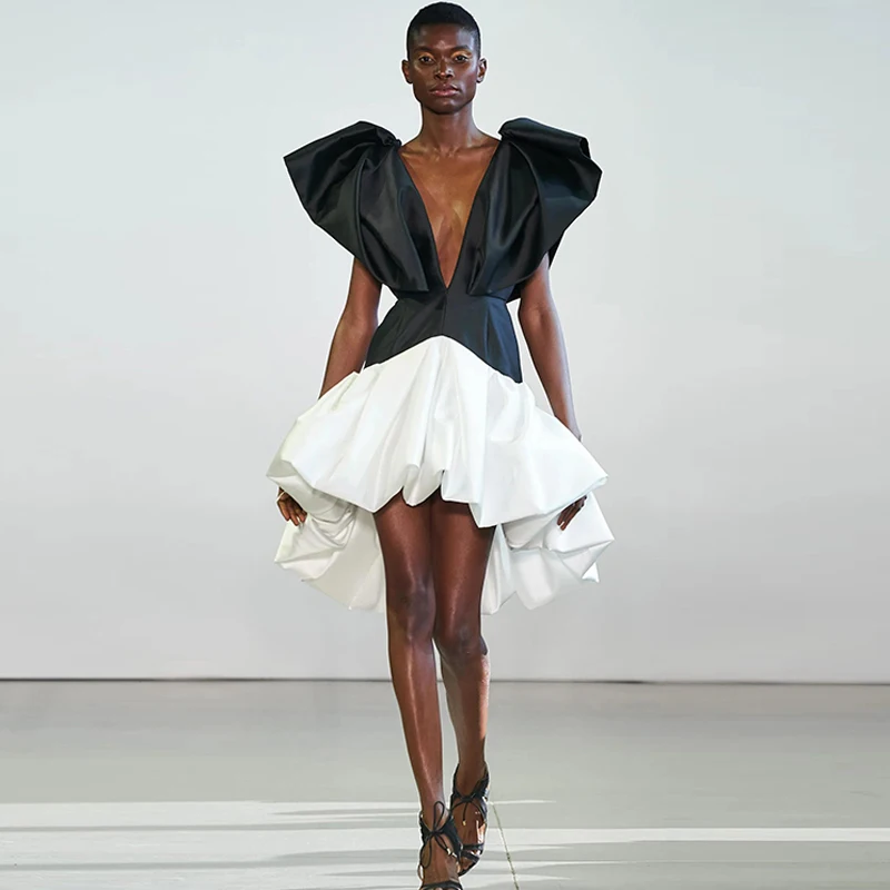

Unique Black and White Short Party Dresses 2022 Customized T-show Women Prom Gowns Above Knee Length Ruffled Satin Gala Dress