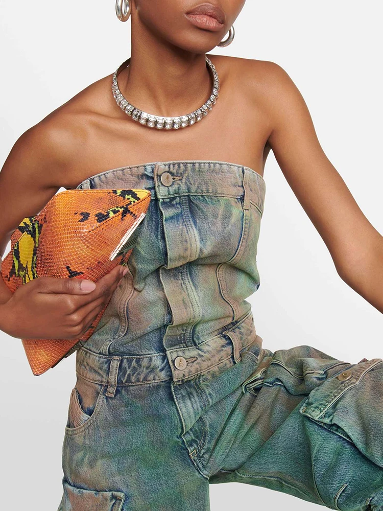 CHICEVER Y2K Denim Jumpsuits For Women Strapless Sleeveless Off Shoulder High Waist Patchwork Pockets Hit Color Jumpsuit Female