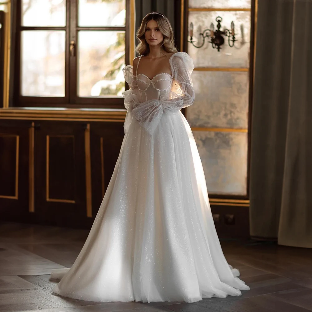 

Sweetheart Collar Tulle Beaded Shiny Wedding Dresses for Women Lace up Court Wedding Gown with Lantern Sleeve robe de mariée