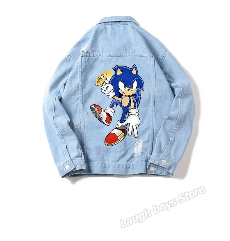 thumbnail image 1 of Chaqueta de mezclilla Sonics con figuras de juego, chaquetas de mezclilla con agujeros rotos, estilo retro americano de primavera y otoño, moda de tela, blusas con cuello vuelto, 1 of 5