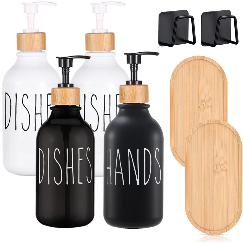 500ml Dish Soap Bottle With Bamboo Pump Kitchen Refillable Liquid Soap