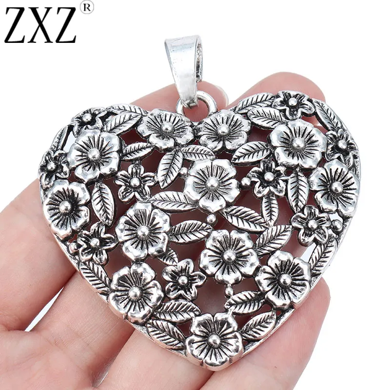 ZXZ 2pcs Antique Silver Color Large Flower Heart Shape