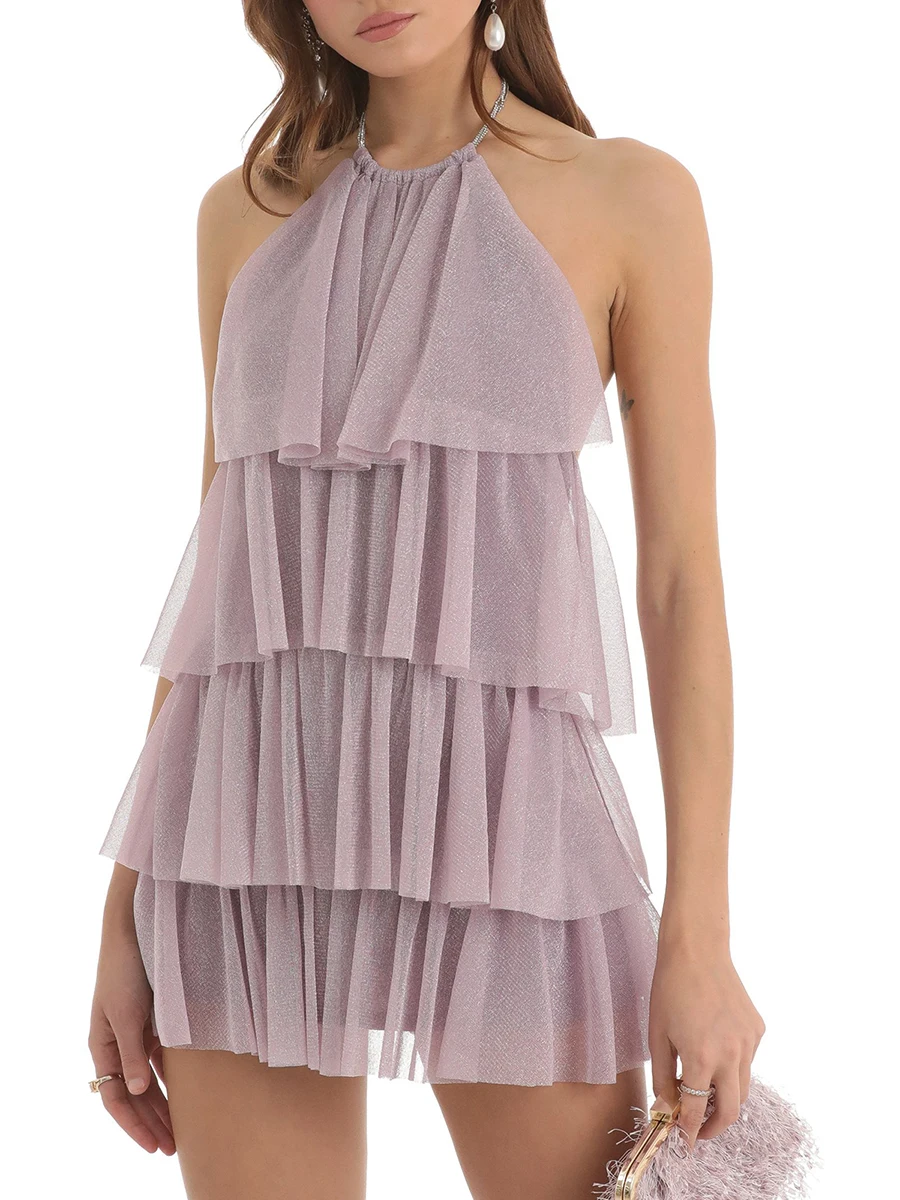 

Women Summer Short Dress Pink Sleeveless Halter Neck Tiered Ruffle Party Dresses Y2K Sexy Slip Sundress Female Wear Streetwear