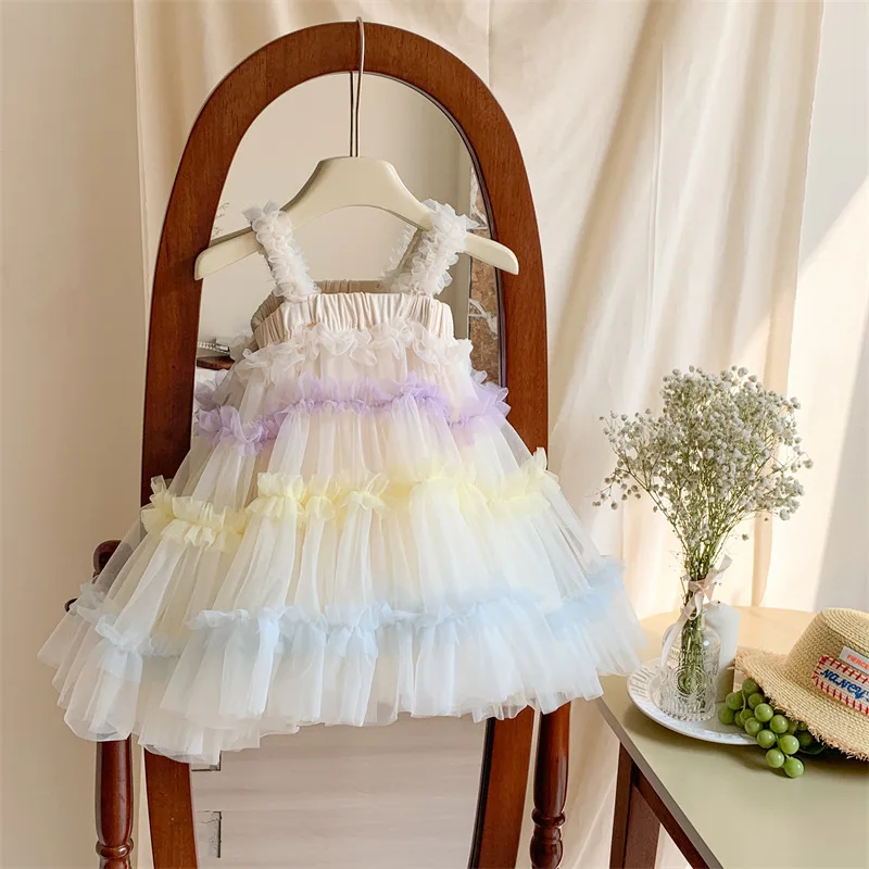 

Платье для девочек, летняя одежда, модный Детский костюм, пышная фатиновая юбка для детей, юбка принцессы на бретельках